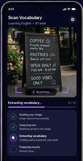 The Radicard scan screen extracting vocabulary from a photo of a café chalkboard